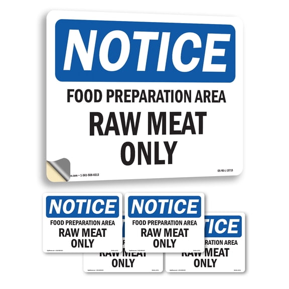 Food Preparation Area Raw Meat Only OSHA Notice Vinyl Decal Label 7 Inch x 5 Inch - 5 Pack