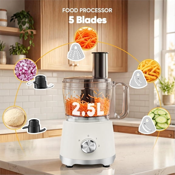 Food Processor 10.5 Cup, Vegetable Choppers with Slicing Shredding Chopping Kneading, Dishwasher Safe, Food Grinder, Stainless Steel Blades, for Smoothie Fruit Dough, 2.6QT, White