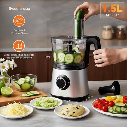Food Processor - 1.5L Blender Jug, 8+ Attachments, Safety Lock, 2 Speeds, 300W Motor, 120V~60Hz