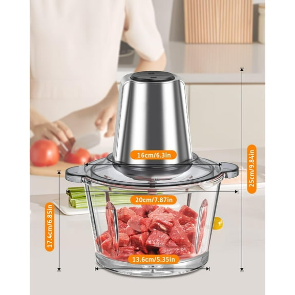 Food Processor Chopper Meat Grinder, 2-Speed 500W Electric with 8 Cup Glass Bowl & Bi-Level Blades for Use