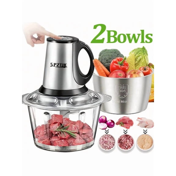 Food Processor Electric Meat Grinder with 2 Bowls, 2L Vegetable Chopper for Baby Food, Meat, and Salad, Stainless Steel & Glass Food Chopper, Garlic Press Mixer