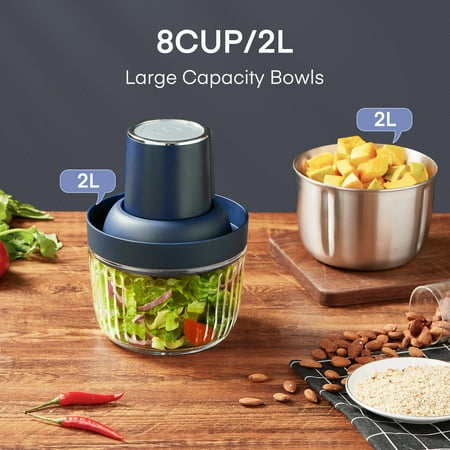 Food Processor, Electric Meat Grinder & Powerful 300W Food Chopper with Two Bowls (7 Cup+8 Cup) & 2 Bi-Level Blades for Nuts, Meat, Onion, Garlic, Baby Food