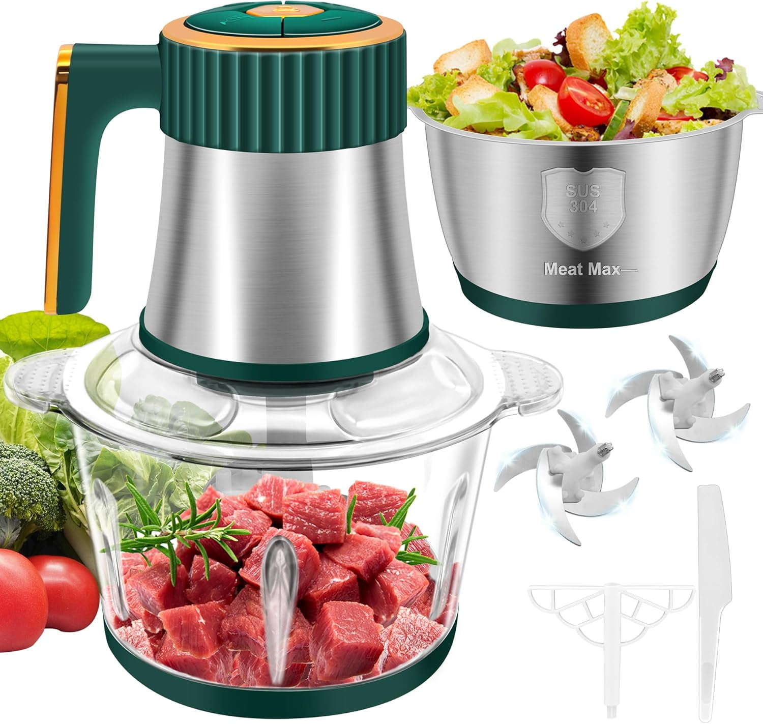 Food Processor, Meat Grinder with 2 Bowls (8 Cup+8 Cup), 5 Speed Modes Electric Food Chopper with 2 Sets Stainless Steel Blades, Kitchen Mincer for Meats Vegetables Fruits Baby Food, 300W (Green)