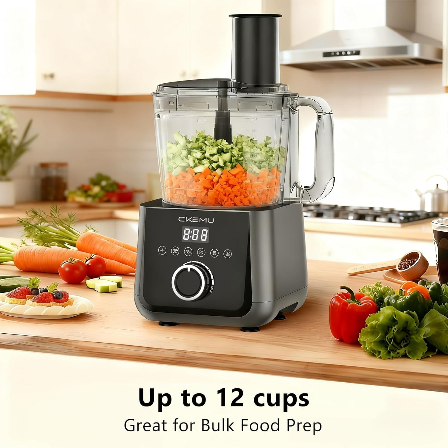 Food Processor and Vegetable Chopper with 12 Cup Bowl, 6 Functions for Chopping Slicing French Fries Purees & Dough, Silver Kitchen Appliance