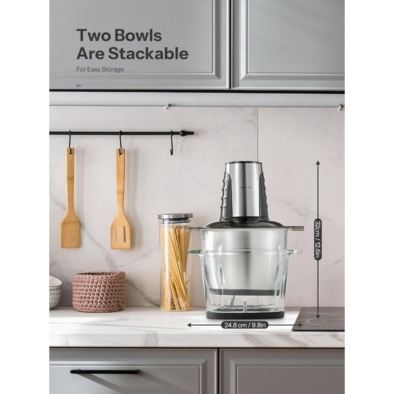 Food Processor with 2 Large Bowls, 500W Powerful Motor, 4 Bi-Level Blades for Chopping, Grinding, and Pureeing