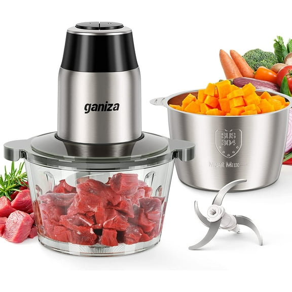 Food Processors, Electric Food Chopper with Meat Grinder & Vegetable Chopper - 2 Bowls (8 Cup+8 Cup) with Powerful 450W Copper Motor - Includes 2 Sets of Bi-Level Blades for Fruits/Meat/Nuts