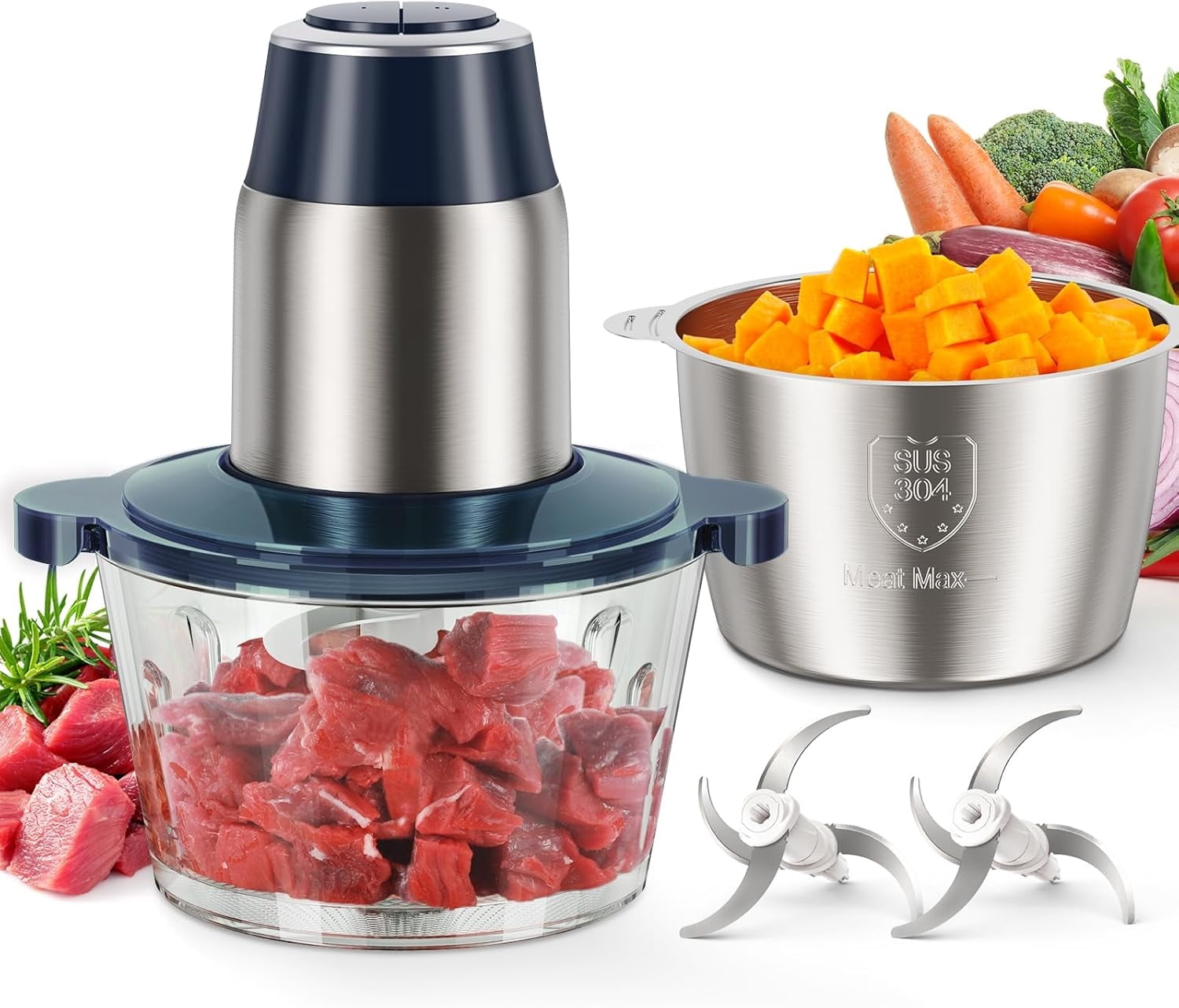 Food Processors, Electric Food Chopper with Meat Grinder & Vegetable Chopper - 2 Bowls (8 Cup+8 Cup) with Powerful 450W Copper Motor - Includes 2 Sets of Bi-Level Blades for Fruits/Meat/Nuts