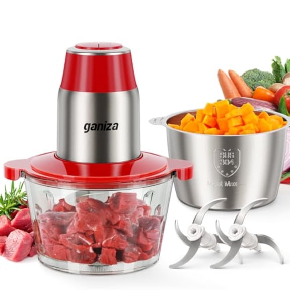 Food Processors Electric Food Chopper with Meat Grinder Vegetable Chopper - 2 Bowls 8 Cup+8 Cup with Powerful 450W Copper Motor - Includes 2 Sets of Bi-Level Blades (Red)