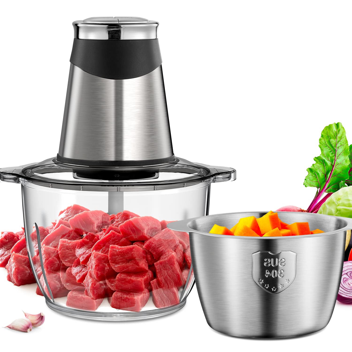 Qinkada Meat Grinder with 2 Stainless Steel Bowls, 500W Electric Food Processors, 3 Speed, 4 Bi-Level Bladesand Spatula for Baby Food, Meat, Onion, Ve