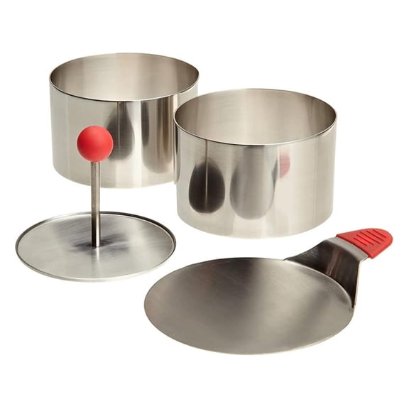 Food Ring Mold Set - 4 Piece Stainless Steel Dessert & Appetizer Maker - 3.5 Inch Diameter - Includes Rings, Tamper & Plate - Professional Bakery Tools