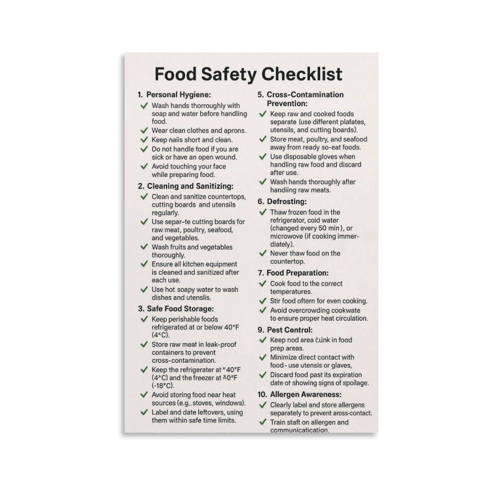 Food Safety Checklist Poster Canvas Painting Wall Art - Walmart.com
