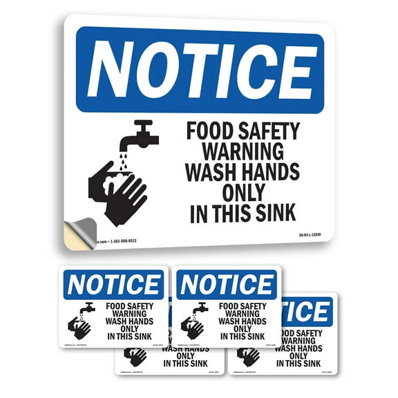 Food Safety Warning Wash Hands With Symbol OSHA Notice Vinyl Decal Label 5 Inch x 3.5 Inch - 5 Pack