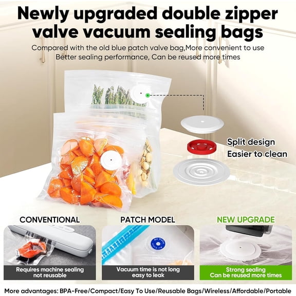 Food Saver Vacuum Sealer Machine with 30 Bags, Preserve Compact Vacuum Sealer with Visible Water Tank, Handheld Portable, 60KPa Powerful suction, Wireless Rechargeable for 8X Fresh