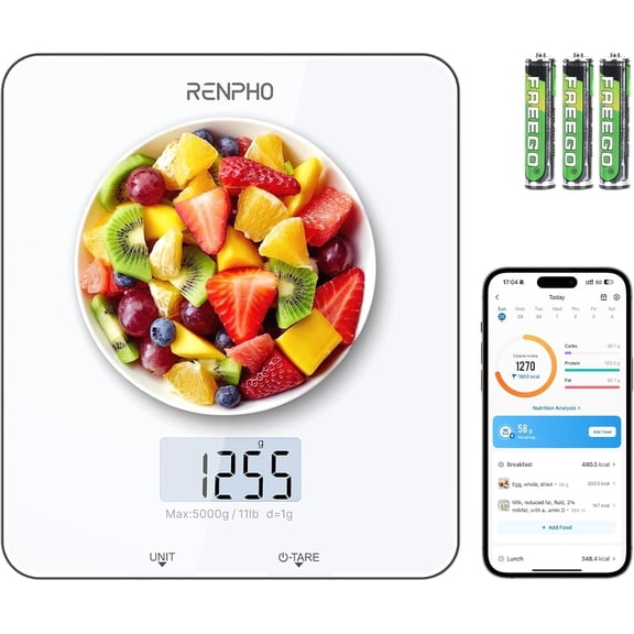 Food Scale with Nutritional Calculator, Digital Kitchen Scale for Weight Loss, Smart Food Weight Scale with App for Macro Keto Calorie Cooking, Grams and Ounces, White, 11lb/5kg