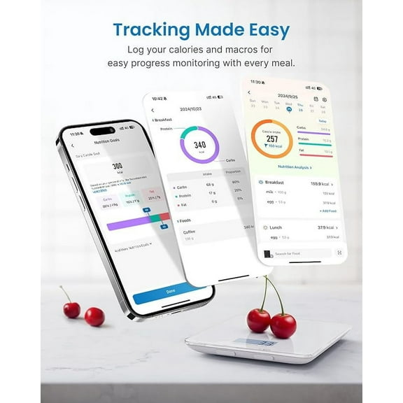 Food Scale with Nutritional Calculator, Digital Kitchen Scale for Weight Loss, Smart Food Weight Scale with App for Macro Keto Calorie Cooking, Grams and Ounces, White, 11lb/5kg