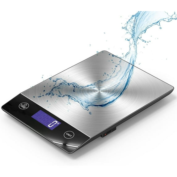 Food Scale, Rechargeable 304 Stainless Steel Digital Kitchen Scale Upto 33lb Weight Grams and Ounces with LCD Display and Type-C Charging for Baking and Cooking
