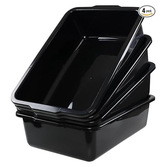 Food Serving Bus Tubs 4-Pack - 35L Black Plastic Bus Boxes - Large Dishwashing Storage Containers - Commercial Kitchen Transport Totes