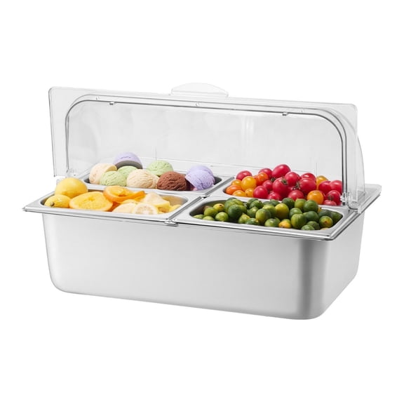 Food Serving Display Container, 4 Pan Condiment Dispenser with Lid, Stainless Steel Chafing Dish for Buffet, Cold & Hot Food Holder for Home & Restaurant