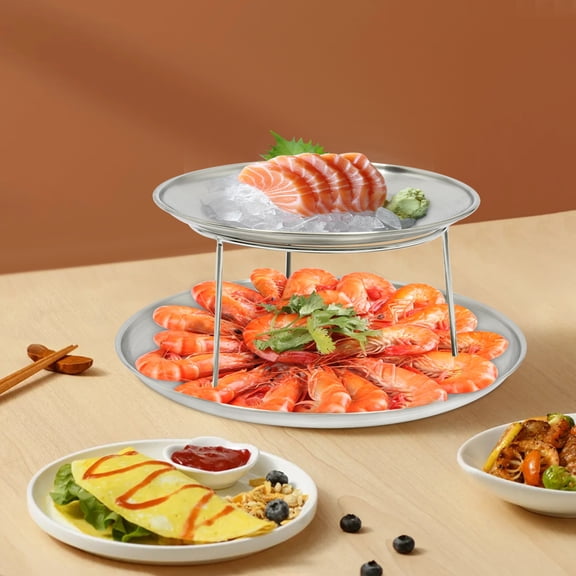 Food Serving Riser Seafood Plate 2-Tier Round Plate Rack Silver Tray Stand