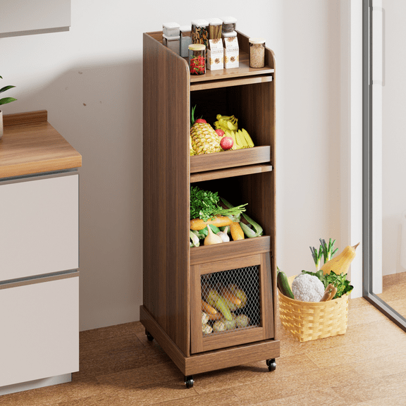 Food Small Kitchen Pantry Cabinet Wood Potato Storage Bins Farmhouse modern Fruit and Vegetable Box with Wheels for Kitchen Dining Room Living Room