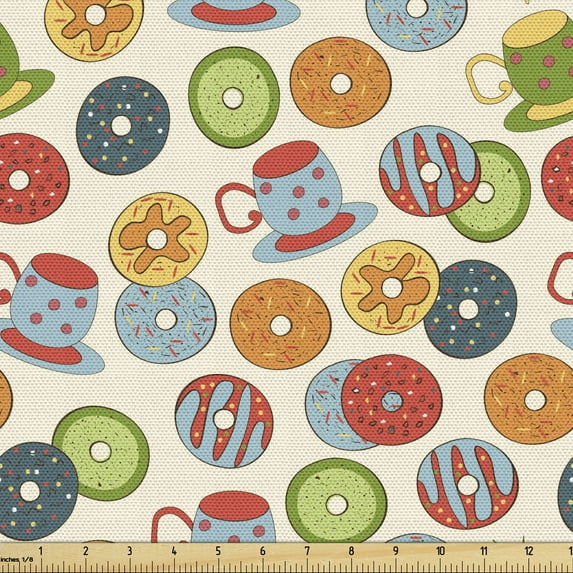 Ambesonne Food Fabric by the Yard Upholstery, Donuts and Cups of Hot Drink, 3 Yards, Eggshell and Multicolor