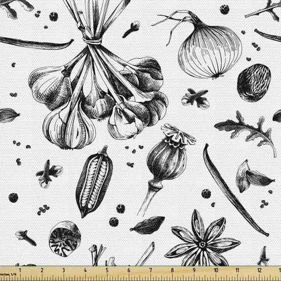 Ambesonne Food Fabric by the Yard Upholstery, Cuisine Spices Forest Herbs, 1 Yard, Charcoal Grey and White