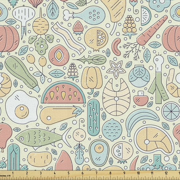 Food Sofa Upholstery Fabric by the Yard, Fish Watermelon Healthy Organic Fruits and Vegetables, Decorative Fabric for DIY and Home Accents, Multicolor by Ambesonne