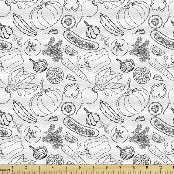 Ambesonne Food Fabric by the Yard Upholstery, Outline Drawing of Vegetables, 1 Yard, Charcoal Grey White