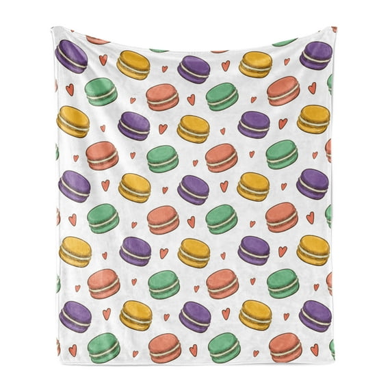 Food Soft Flannel Fleece Blanket, Colorful Macarons Cookies Pattern Along Hearts Modern Confectionery Theme, Cozy Plush for Indoor and Outdoor Use, 50" x 60", Orange and Multicolor, by Ambesonne