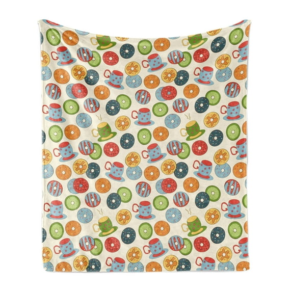 Food Soft Flannel Fleece Blanket, Colorful Sketch of Glazed Donuts in Sprinkles and Hot Drink Cups Pattern, Cozy Plush for Indoor and Outdoor Use, 60" x 80", Eggshell and Multicolor, by Ambesonne