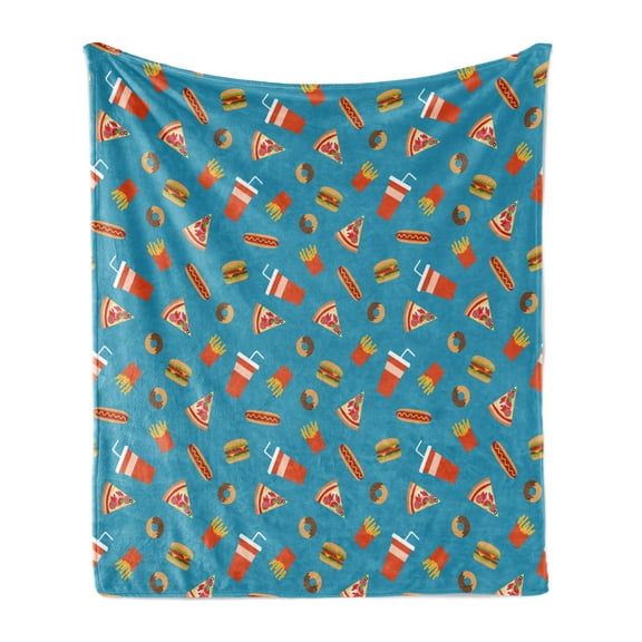 Food Soft Flannel Fleece Blanket, Delicious Doodle of Donuts Hot Dog Soda Cup Hamburger Fries and Pizza Slices, Cozy Plush for Indoor and Outdoor Use, 50" x 60", Sea Blue Multicolor, by Ambesonne