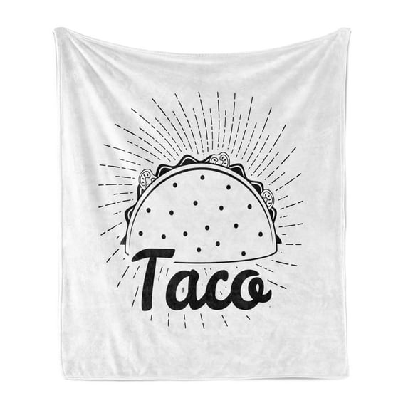 Food Soft Flannel Fleece Blanket, Mexican Taco Typography with a Veggie Filled Tortilla Doodle Traditional Cuisine, Cozy Plush for Indoor and Outdoor Use, 60" x 80", Black and White, by Ambesonne