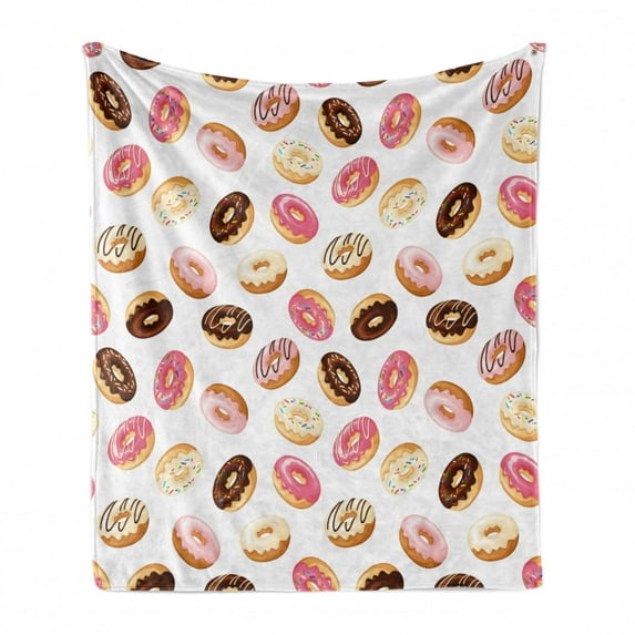 Food Soft Flannel Fleece Throw Blanket, American Traditional Classic Breakfast Fast Food Dessert Tasty Donuts Art Print, Cozy Plush for Indoor and Outdoor Use, 60" x 80", Multicolor, by Ambesonne