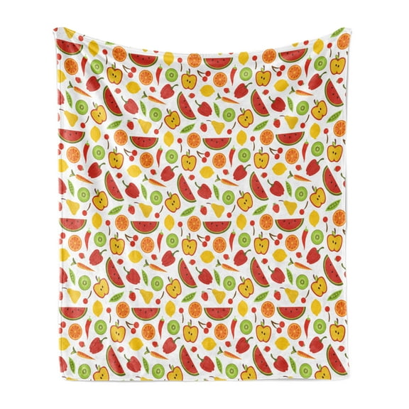 Food Soft Flannel Fleece Throw Blanket, Cartoon Pattern of Pepper Apple Watermelon Kiwi Carrot Cherry Peas Orange Lemon, Cozy Plush for Indoor and Outdoor Use, 50" x 70", Multicolor, by Ambesonne