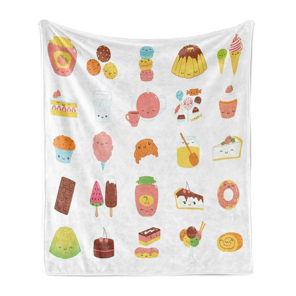 Food Soft Flannel Fleece Throw Blanket, Dessert Concept Sketches Ice Cream Donut Cake Honey Cupcake Chocolate Everything, Cozy Plush for Indoor and Outdoor Use, 70" x 90", Multicolor, by Ambesonne
