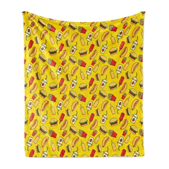 Food Soft Flannel Fleece Throw Blanket, Funny Cartoonish Fast Food with Fries Hot Dog Hamburger Strawberry Milkshake, Cozy Plush for Indoor and Outdoor Use, 70" x 90", Yellow Multicolor, by Ambesonne