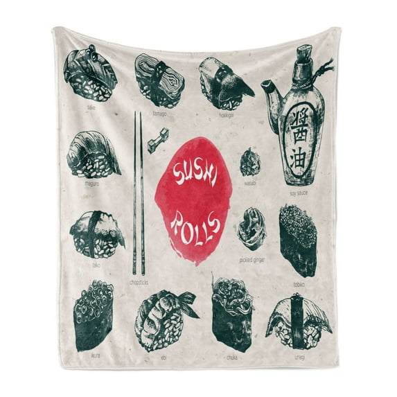 Food Soft Flannel Fleece Throw Blanket, Japanese Culture Sushi Food Elements Chopsticks Print, Cozy Plush for Indoor and Outdoor Use, 50" x 70", Coconut Dark Coral, by Ambesonne