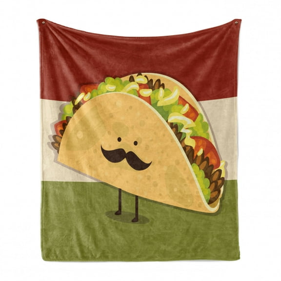 Food Soft Flannel Fleece Throw Blanket, Mexican Taco with Mustached Face Rolled with Veggies Humor Comic Childish Art, Cozy Plush for Indoor and Outdoor Use, 60" x 80", Multicolor, by Ambesonne