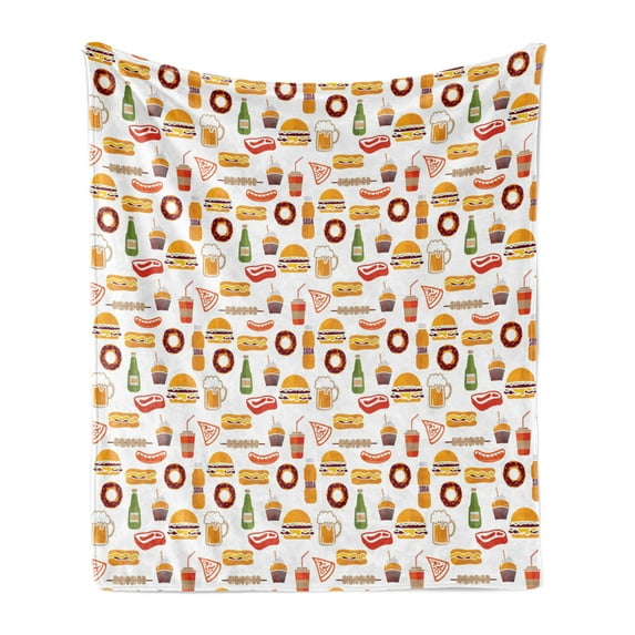 Food Soft Flannel Fleece Throw Blanket, Minimalist Fast Food Pattern with Hamburger Soda Donuts Beer Cupcake Kebab Hot Dog, Cozy Plush for Indoor and Outdoor Use, 50" x 60", Multicolor, by Ambesonne