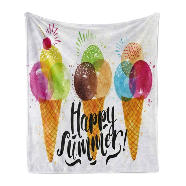 Food Soft Flannel Fleece Throw Blanket, Print of Ice Cream Cones and Fruit Milk Dessert Composition Work of Art Print, Cozy Plush for Indoor and Outdoor Use, 60" x 80", Multicolor, by Ambesonne