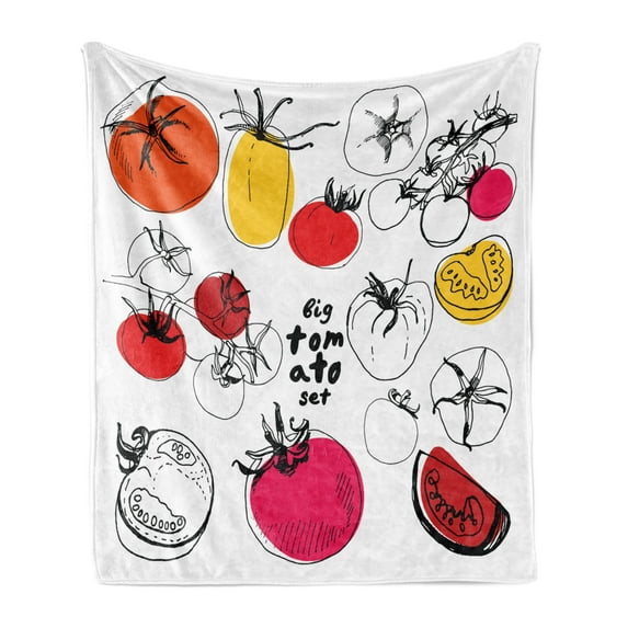 Food Soft Flannel Fleece Throw Blanket, Sketched Tomatoes Organic Vegetables in Vivid Colors Fresh and Juicy Food Concept, Cozy Plush for Indoor and Outdoor Use, 50" x 60", Multicolor, by Ambesonne