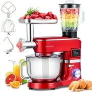 UHOMEPRO 9-in-1 Stand Mixer for Kitchen, 6.5 QT Tilt-Head 6+P Speed Electric Kitchen Mixer with LED Display, Food Mixer with Meat Grinder, Blender, Vegetable Slicer, Pasta and Cookie Maker, Red
