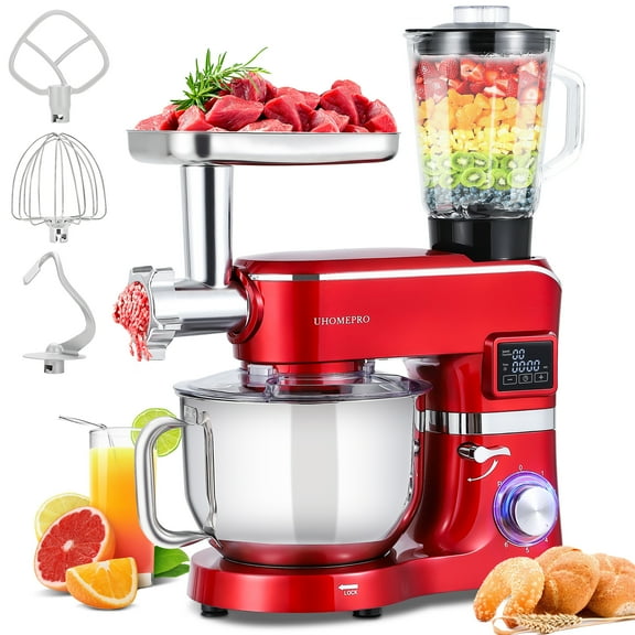 UHOMEPRO 9-in-1 Stand Mixer, 6.5 QT Tilt-Head 6+P Speed Food Mixer, Multifunctional Electric Mixer for Kitchen with LED Display, Meat Grinder, Blender, Vegetable Slicer, Pasta and Cookie Maker, Red