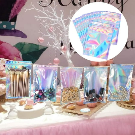 Food Storage 100pcs Reusable Sealable Polyester Film Bags Odor Aluminum Foil Zipper Pouches for Food Eyelashes Candy Bath Rainbow Design