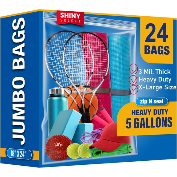 Food Storage Bags Heavy Duty Extra Large 3 MILL THICK. PLASTIC BAGS 5 Gallon Zip & Seal 18" x 24", Big Storage Bags for Clothes, Travel, Moving, Vacation, Luggage, Freezer