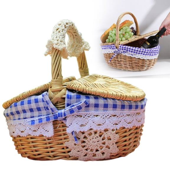Food Storage Bags Wicker Picnic Basket With Liner Wooden Split Lid Picnic Basket Vintage Style Picnic Hamper With Folding Woven Handle For Picnic Camping Outdoor,Blue Kitchen Food Storage