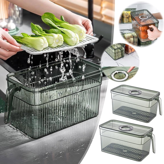 Food Storage Box for Refrigerator, Stackable Fresh-keeping Box with Removable Draining Tray, Airtight Bread Boxes for Kitchen Counter, Food-grade Storage Container for Vegetable Fruit