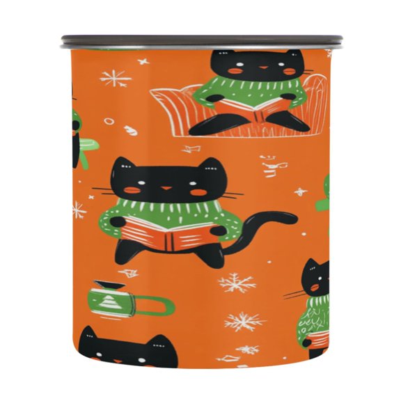 Food Storage Can with Vacuum Seal Preservation Box Kitchen Storage Tank for Coffee, Tea, Dry Goods & More Cartoon Black Cats Pattern 900ml
