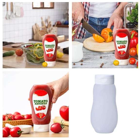 Food Storage Condiment Bottles for Ketchup Hot Liquids Oil Condensed Milk and Dressing Dispenser, Clear PE Bottles with Caps for Condiment Container and Dressing Storage, 6.18×2.99 inch, White