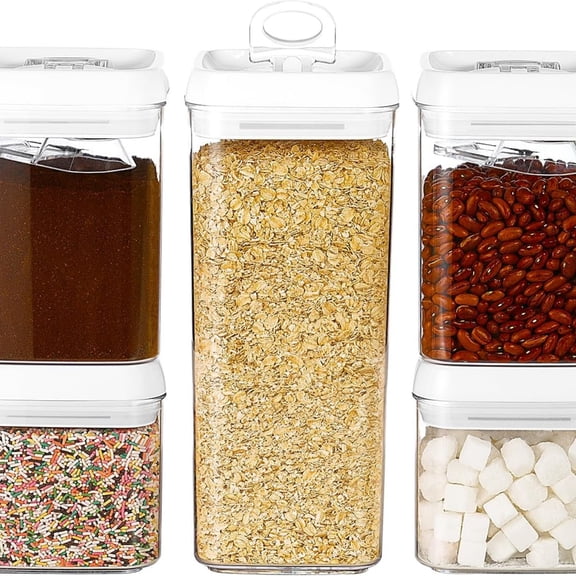Food Storage Container 5" LARGE 5pk Set + No Residue Label, Airtight Lid Easy Lock Top Stackable, Plastic Canister Jar for Pantry Kitchen Fridge Organizer Pasta Protein Powder Spice